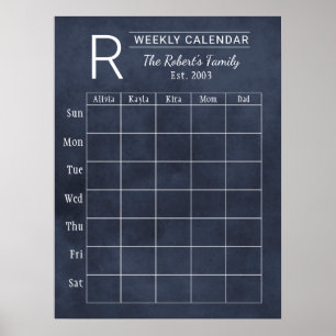 Póster Calendario de monograma de la familia Navy Chalkbo