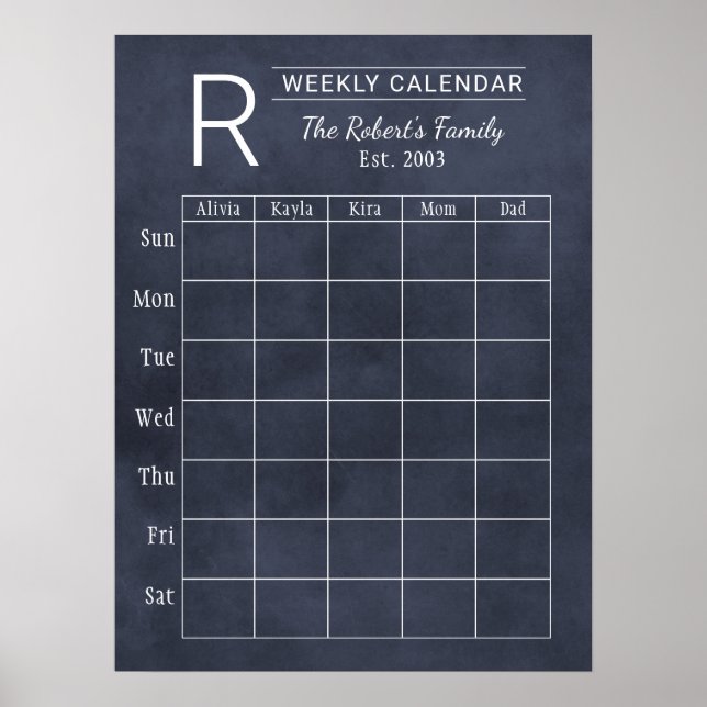 Póster Calendario de monograma de la familia Navy Chalkbo (Frente)