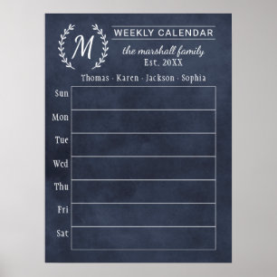 Póster Calendario de monograma de la familia Navy Chalkbo