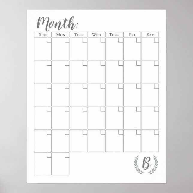 Póster Calendario de monograma de personalizable (Frente)
