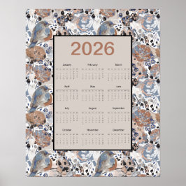 Póster Calendario de pájaros azules florales de 2026 año 