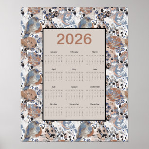 Póster Calendario de pájaros azules florales de 2026 año