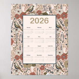Póster Calendario de pájaros y flores 2026
