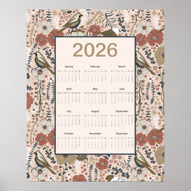 Póster Calendario de pájaros y flores 2026 (Frente)