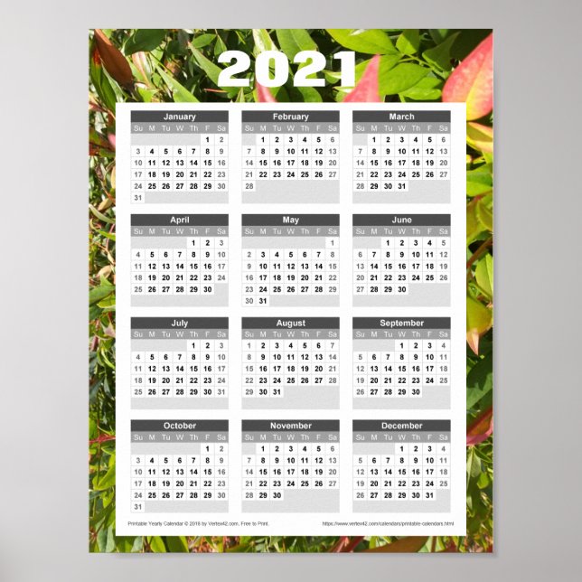 Póster Calendario de pared 2021. Hojas Verdes (Frente)