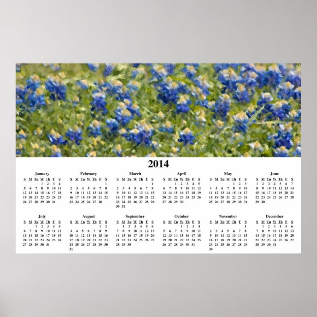 Póster Calendario de pared de Bluebonnets de 2014 (Frente)