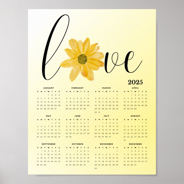 Póster Calendario de paredes Amor y Flores Amarillo 2025 (Frente)
