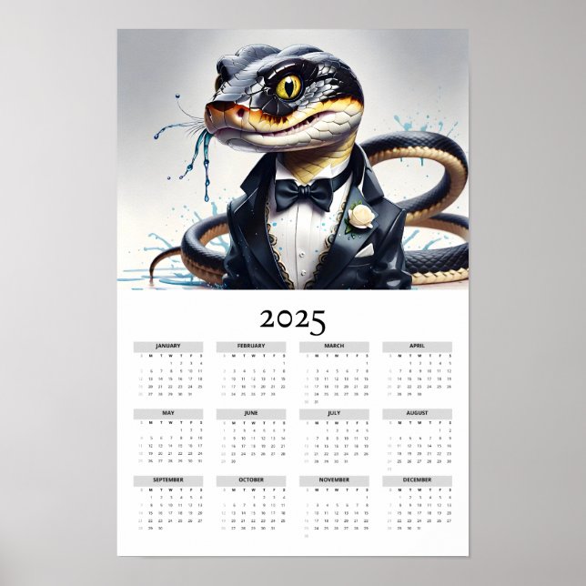 Póster Calendario de paredes de la serpiente acuarela Tux (Frente)