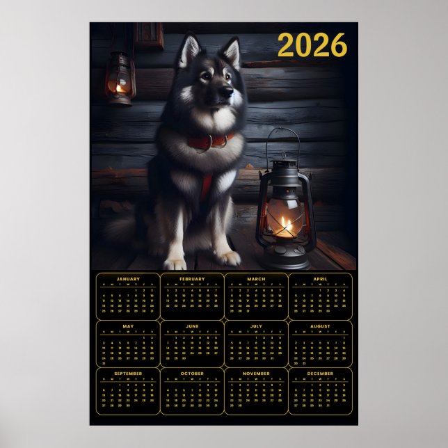 Póster Calendario de Pastor Alemán 2026 Cabaña Rústica (Frente)