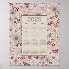Póster Calendario de Patrones Florales Gris Rosa 2025
