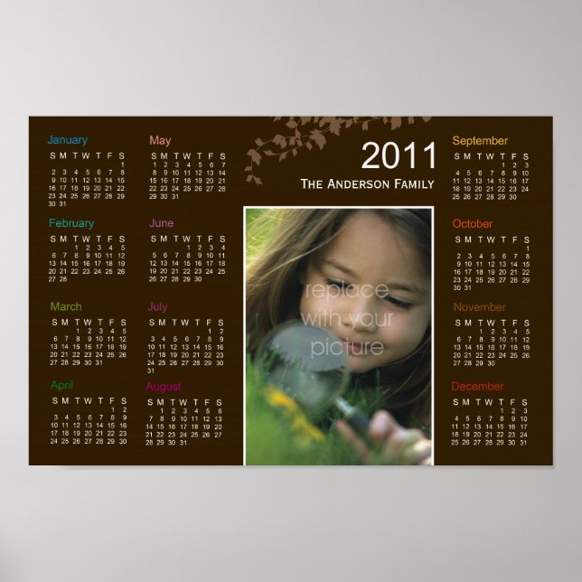 Póster Calendario de Poster de fotografías de hojas elega (Frente)