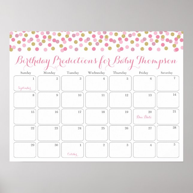 Póster Calendario de predicción de cumpleaños de Baby Sho (Frente)