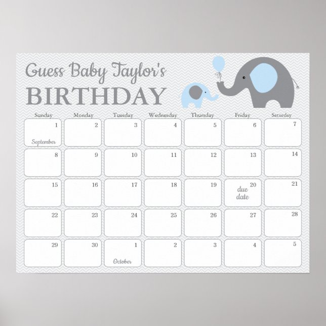 Póster Calendario de predicción de cumpleaños del bebé de (Frente)