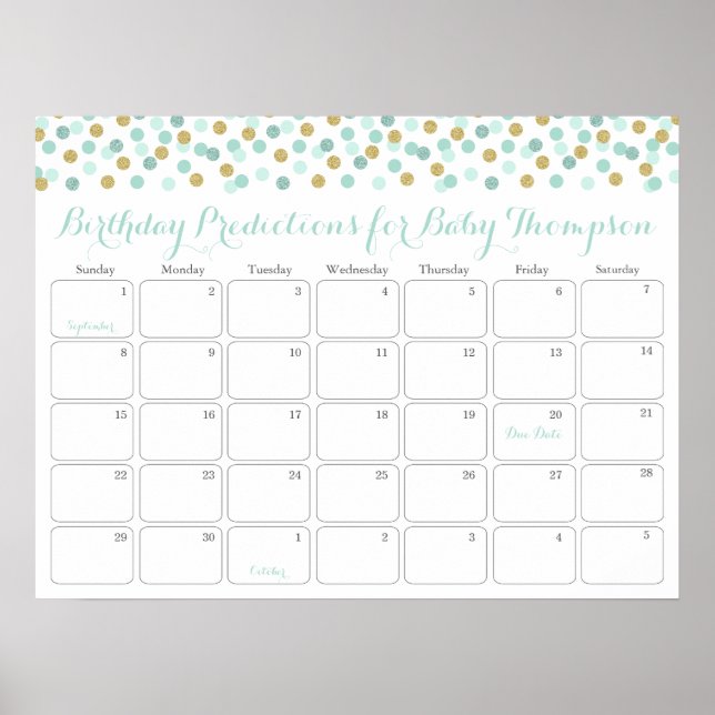 Póster Calendario de predicciones de cumpleaños de bebé M (Frente)