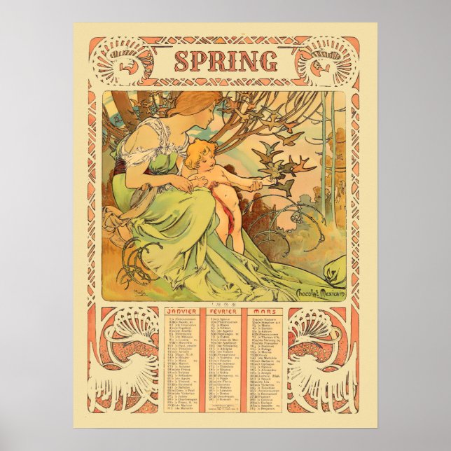 Póster Calendario de primavera Art Nouveau de la era vict (Frente)