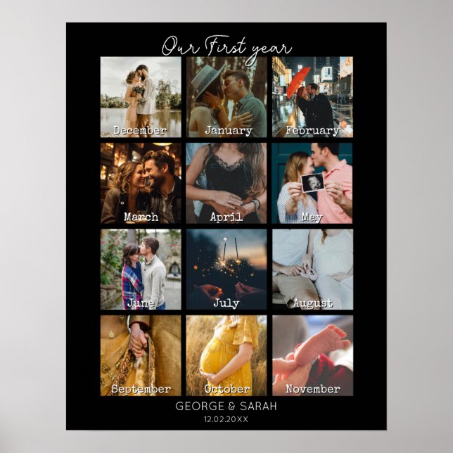 Póster Calendario de regalos del primer año del aniversar (Frente)