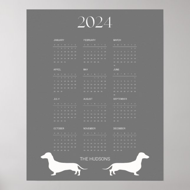 Póster Calendario de silueta de dachshund gris oscuro 202 (Frente)