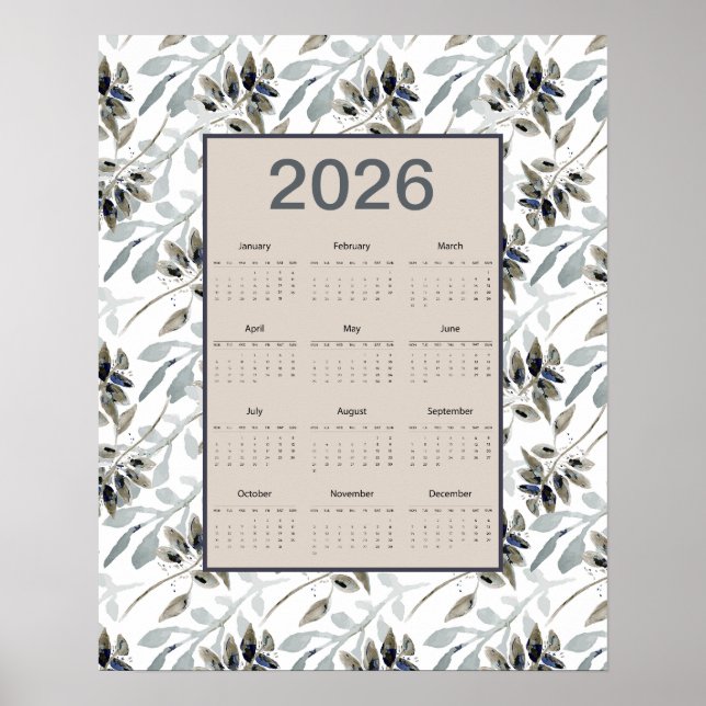 Póster Calendario de todo el año 2026 Hojas Botánicas (Frente)