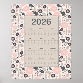 Póster Calendario de todo el año 2026 rosa gris botánico