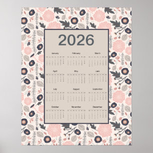 Póster Calendario de todo el año 2026 rosa gris botánico