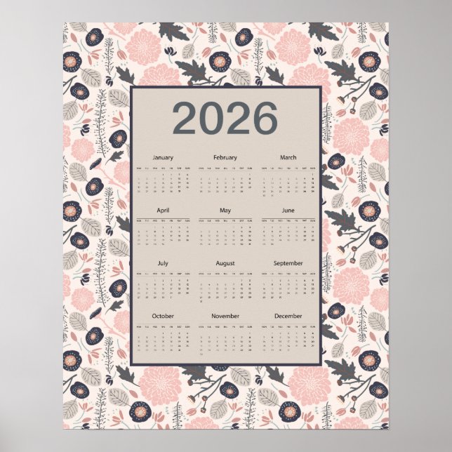 Póster Calendario de todo el año 2026 rosa gris botánico (Frente)