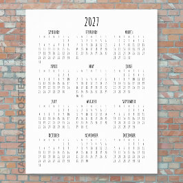 Póster Calendario de todo el año 2027 Script Negro y Blan
