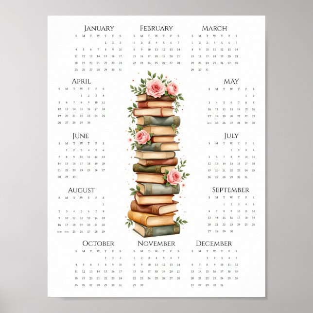 Póster Calendario de una página 2026 Libros antiguos y ro (Frente)