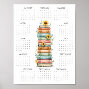 Póster Calendario de una página apilado de libros y giras