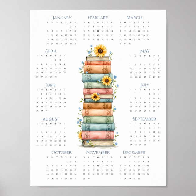Póster Calendario de una página para 2026 Pilas de libros (Frente)
