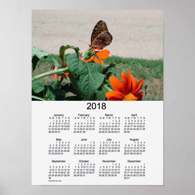 Póster Calendario de vacaciones de mariposas 2018 por Jan (Frente)
