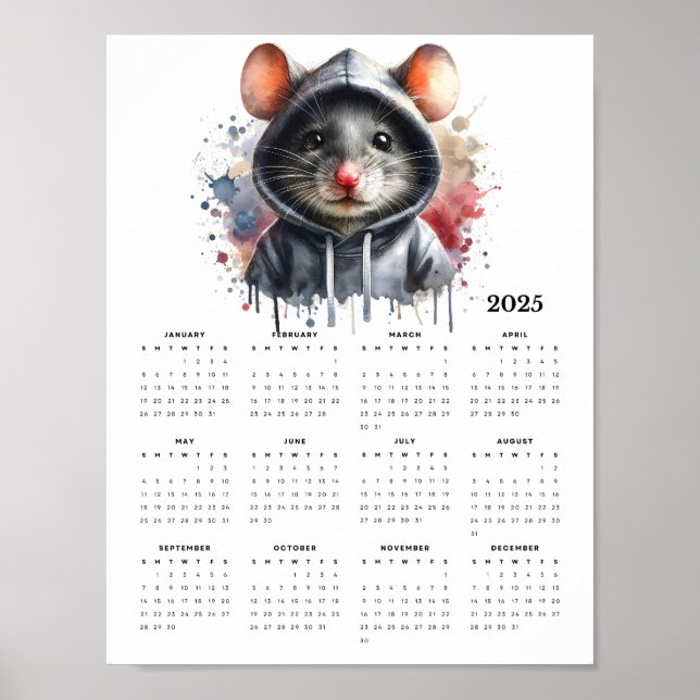 Póster Calendario de Watercolor Mouse Hoodie Splash Art 2 (Frente)