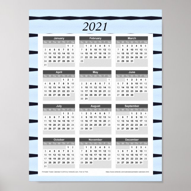 Póster Calendario del año 2021: Azul con líneas negras (Frente)