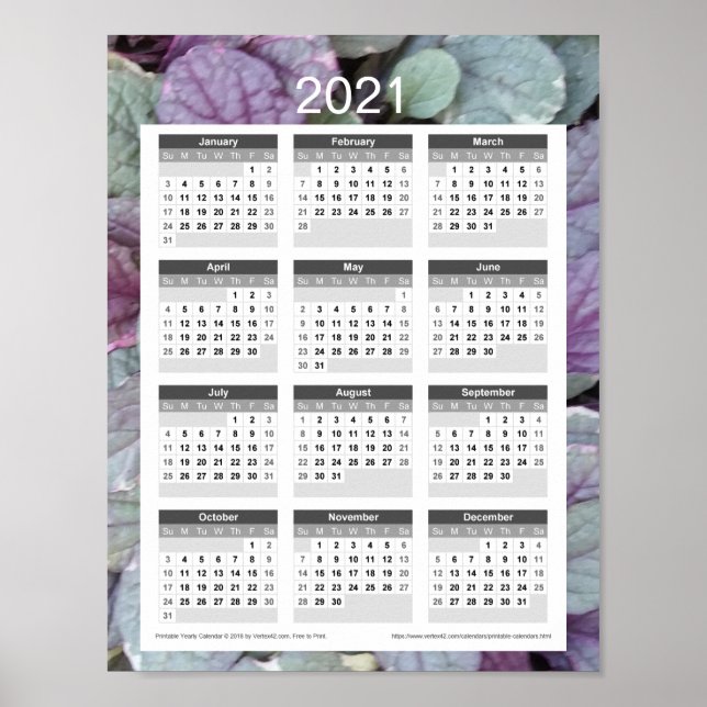 Póster Calendario del año 2021 - Hojas Moradas (Frente)