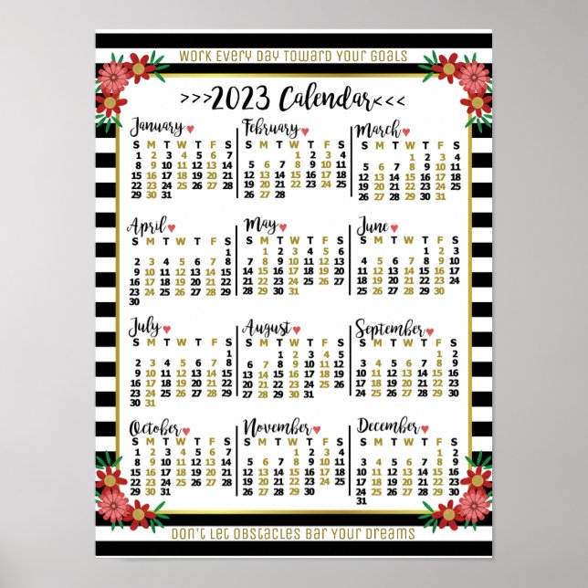 Póster Calendario del año 2023 con rayas florales | Texto (Frente)