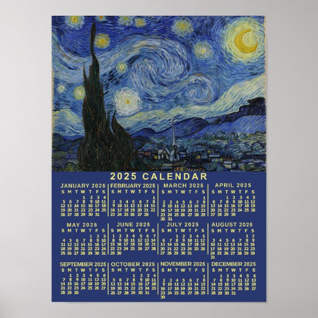 Póster Calendario del año 2025 Noche estrellada o Agrega  (Frente)