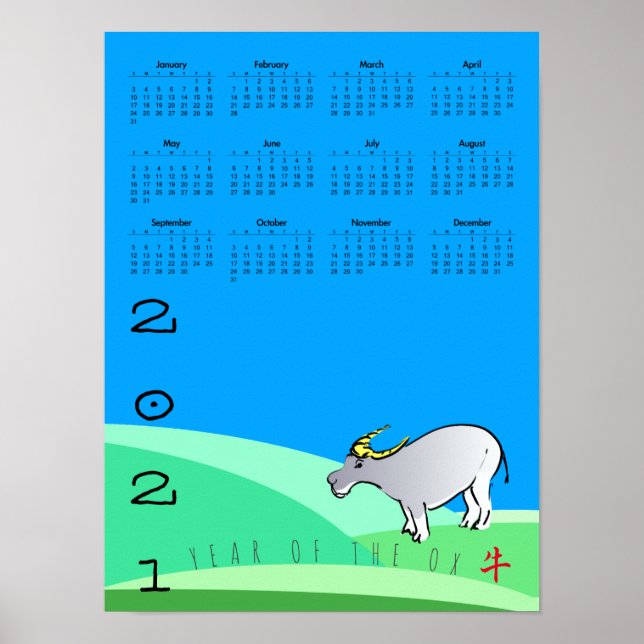Póster Calendario del Año Nuevo Chino 2021 del Paisaje de (Frente)