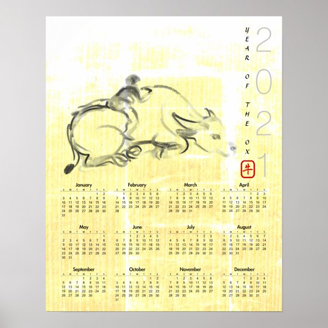 Póster Calendario del Año Ox del Niño del Búfalo de Agua  (Frente)