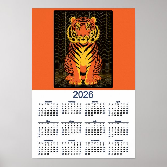 Póster Calendario del Tigre Dramático Naranja  Tigre Negr (Frente)