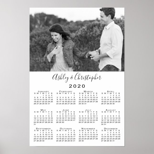Póster Calendario Elegant Couple Photo and Names 2020 (Frente)