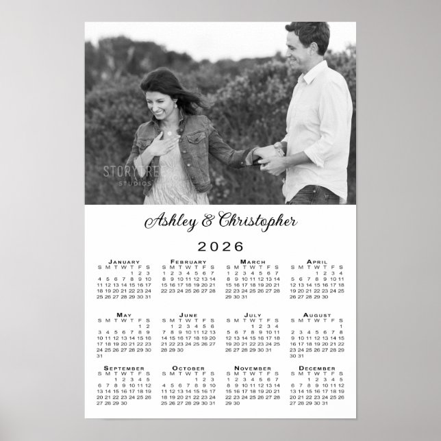 Póster Calendario Elegant Couple Photo and Names 2026 (Frente)