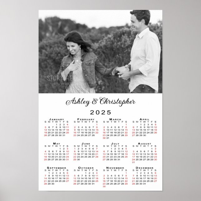 Póster Calendario Elegant Couple Photo Names 2025 (Frente)