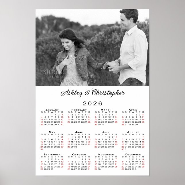 Póster Calendario Elegant Couple Photo Names 2026 (Frente)