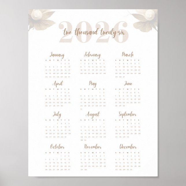 Póster Calendario elegante de una página de Script floral (Frente)