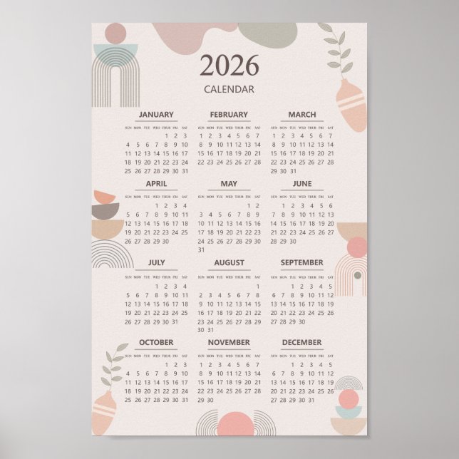 Póster Calendario escandinavo 2026 Beige Estética Boho (Frente)