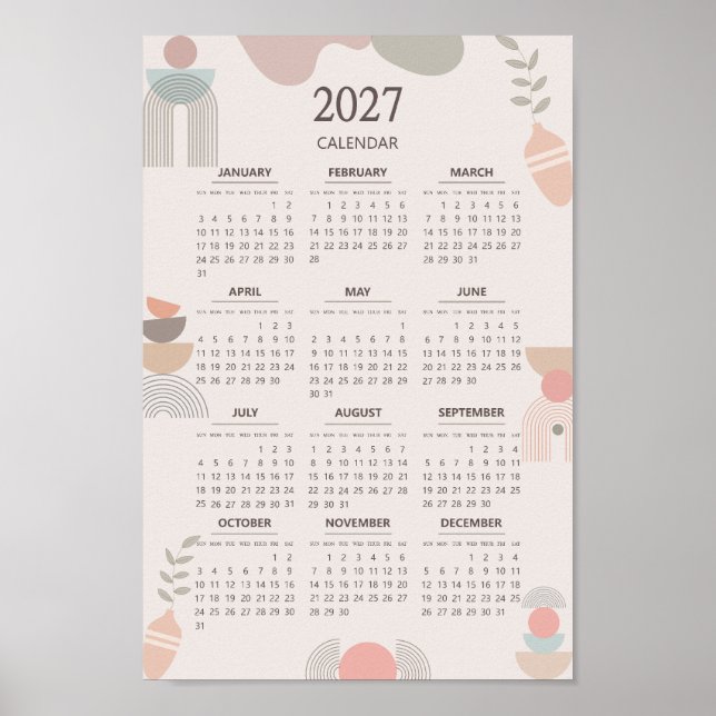 Póster Calendario escandinavo 2027 Estética Boho Beige (Frente)