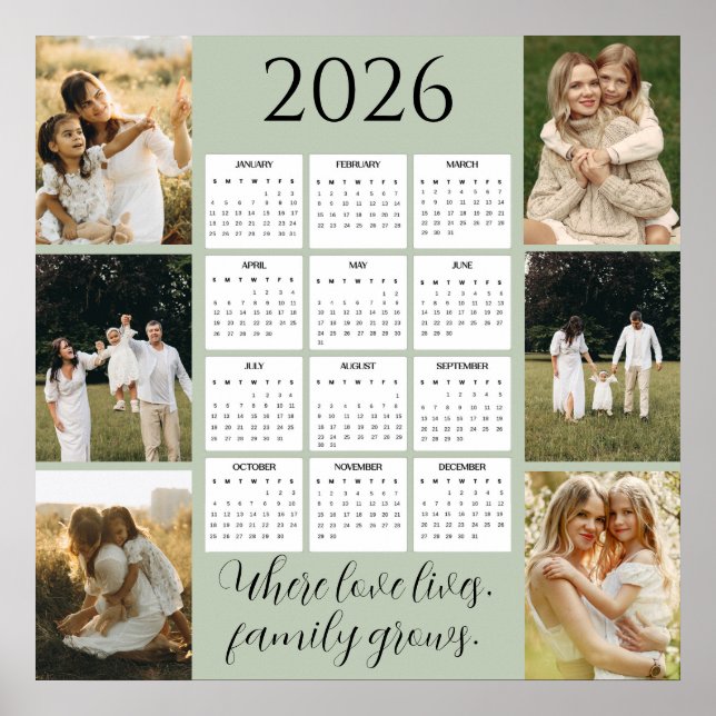 Póster Calendario familiar 2026 con espacio para 6 retrat (Frente)