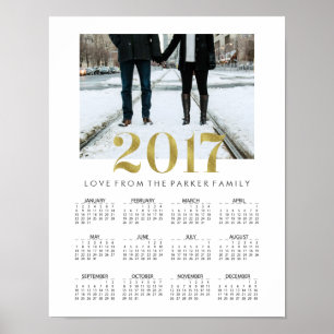 Póster Calendario Familiar de Fotos Simple con Dorado Fal