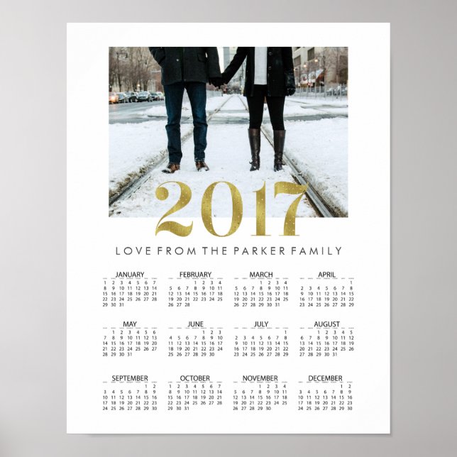 Póster Calendario Familiar de Fotos Simple con Dorado Fal (Frente)
