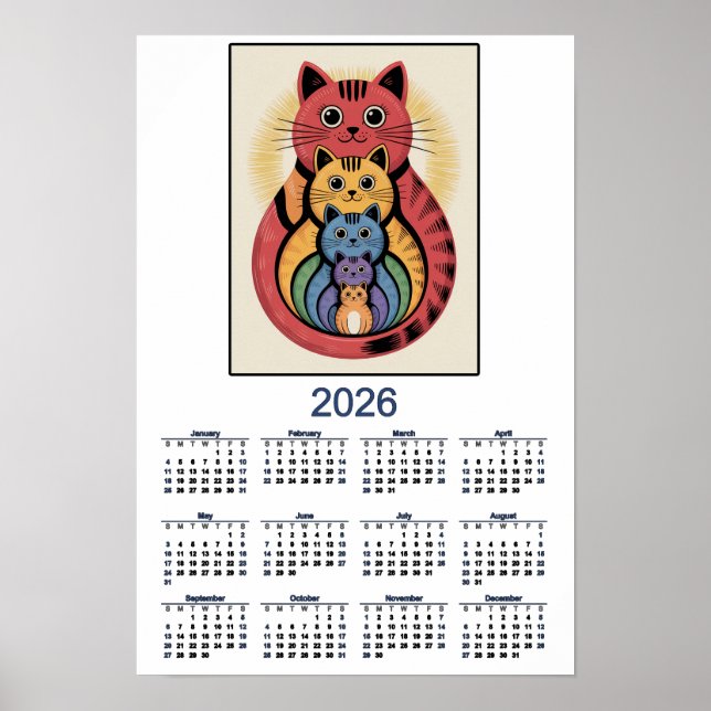 Póster Calendario Familiar de Gatos Lindos para 2026 (Frente)