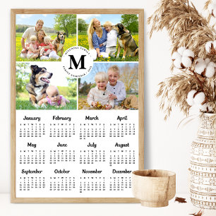 Póster Calendario familiar monograma de collage de fotos